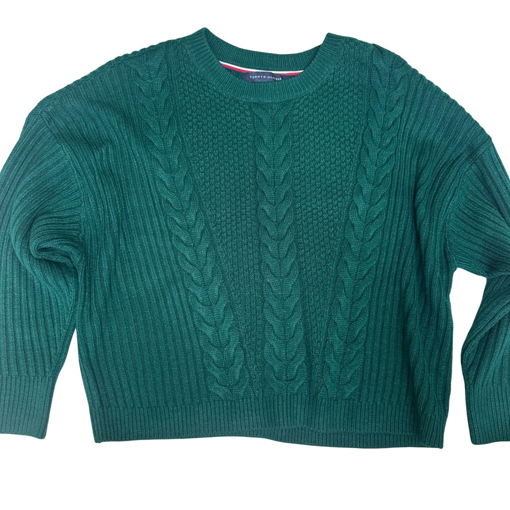 Tommy Hilfiger Green Cable Knit Crewneck Sweater chunky Cozy Preppy cute large - Picture 4 of 10